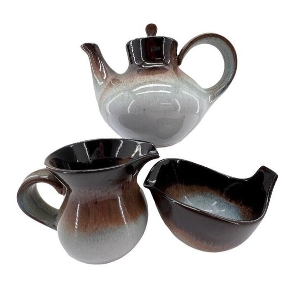 Vtg Peter Pots Pottery 1960s Creamer Gravy Boat Teapot w Lid 4 Pc Ombre Blue